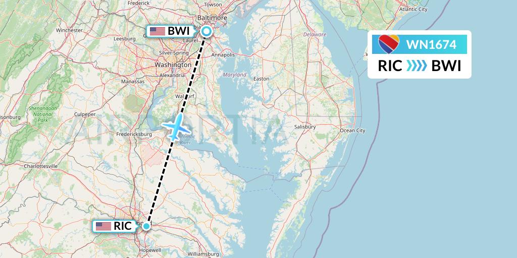 WN1674 Southwest Airlines Flight Map: Richmond to Baltimore