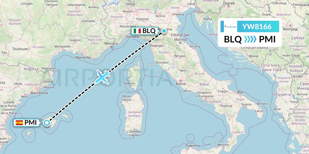 YW8166 Air Nostrum Flight Map: Bologna to Palma de Mallorca