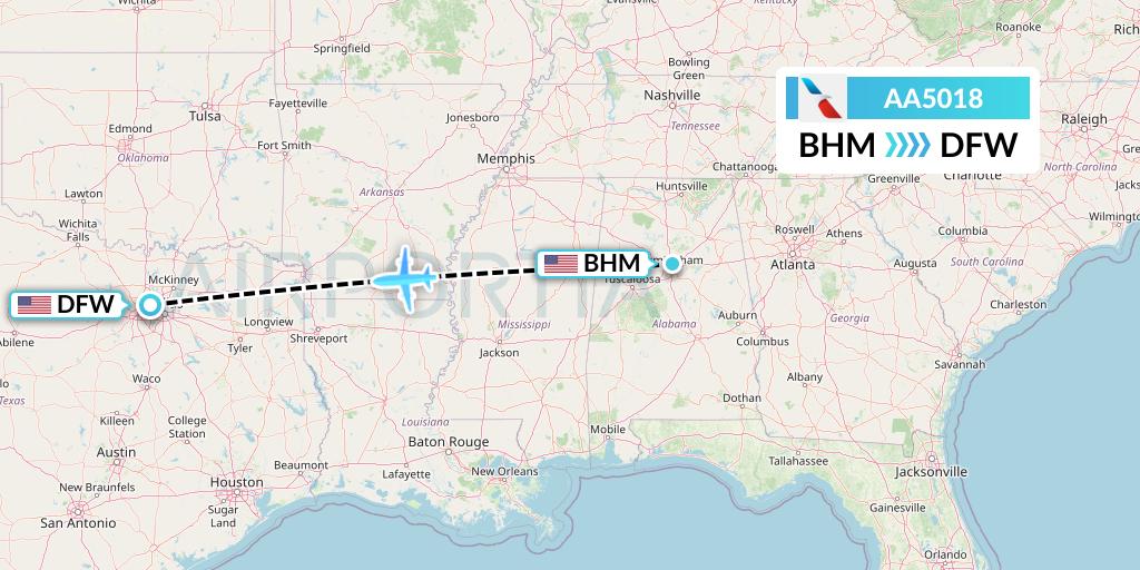 AA5018 American Airlines Flight Map: Birmingham to Dallas