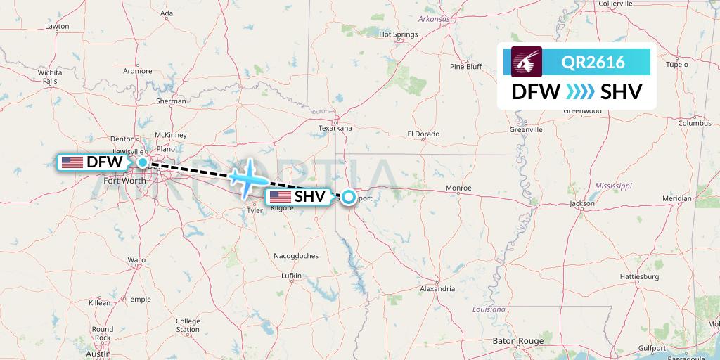 QR2616 Qatar Airways Flight Map: Dallas to Shreveport