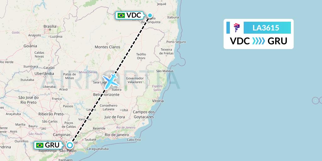 LA3615 LAN Airlines Flight Map: Vitoria Da Conquista to Sao Paulo