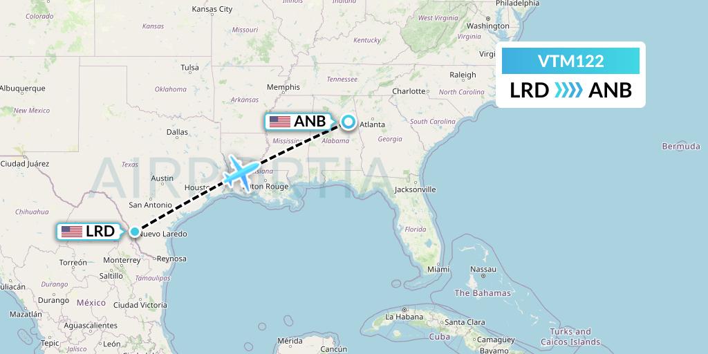 VTM122 Aeronaves TSM Flight Map: Laredo to Anniston