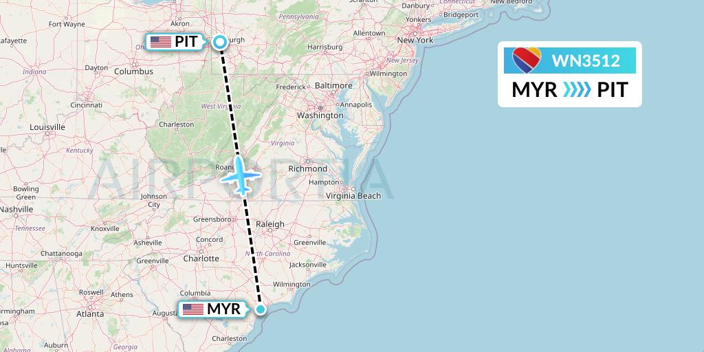 WN3512 Southwest Airlines Flight Map: Myrtle Beach to Pittsburgh