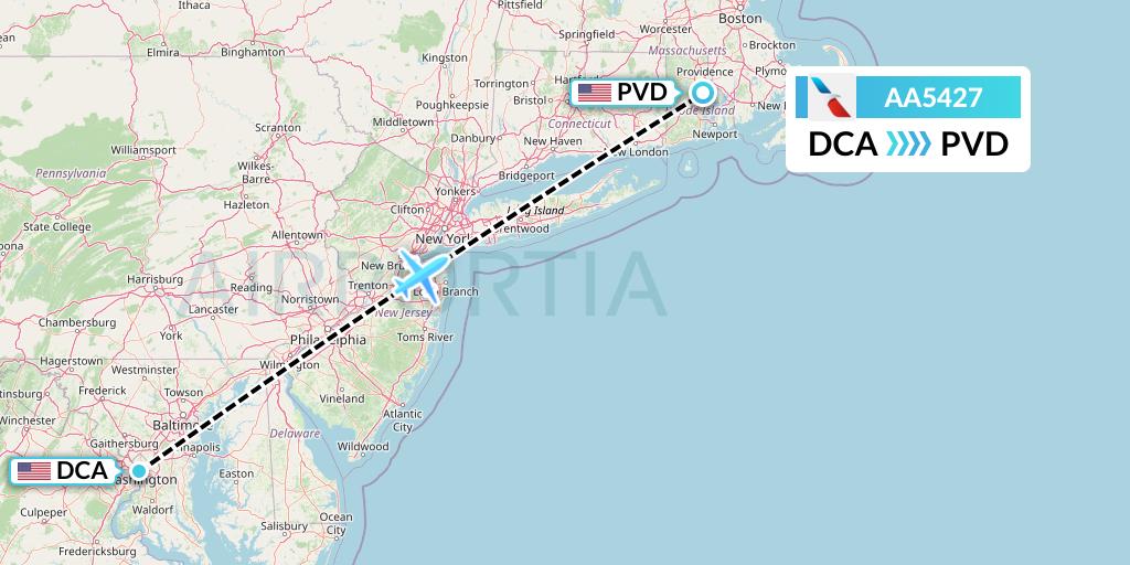 AA5427 American Airlines Flight Map: Washington to Providence