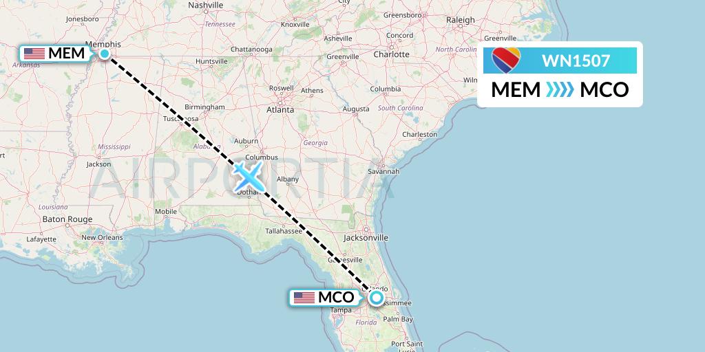 WN1507 Southwest Airlines Flight Map: Memphis to Orlando