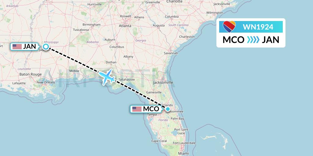 WN1924 Southwest Airlines Flight Map: Orlando to Jackson