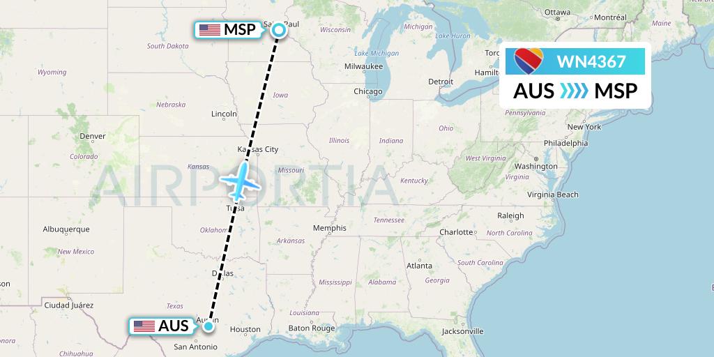 WN4367 Southwest Airlines Flight Map: Austin to Minneapolis