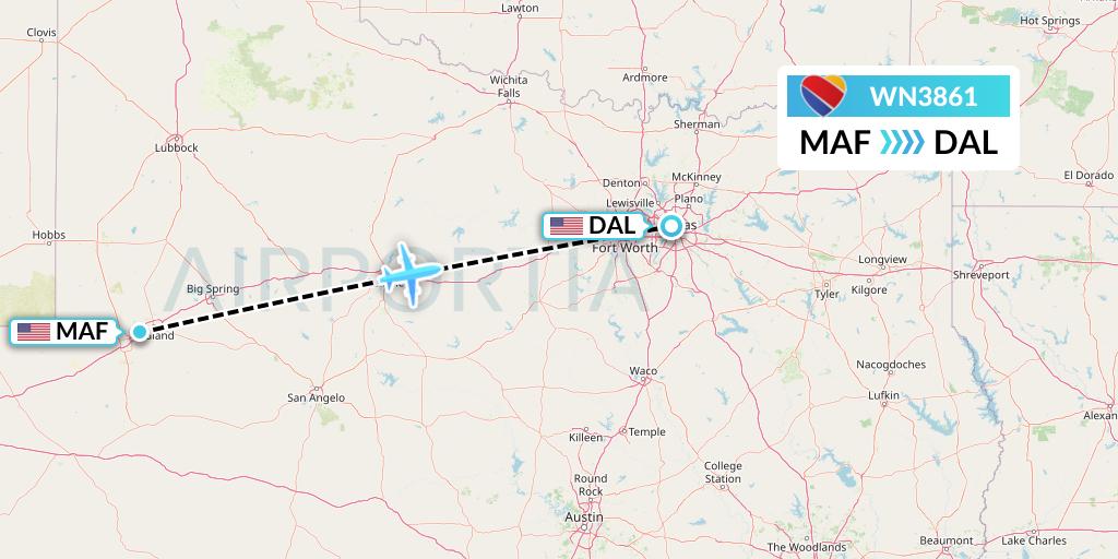 WN3861 Southwest Airlines Flight Map: Midland to Dallas