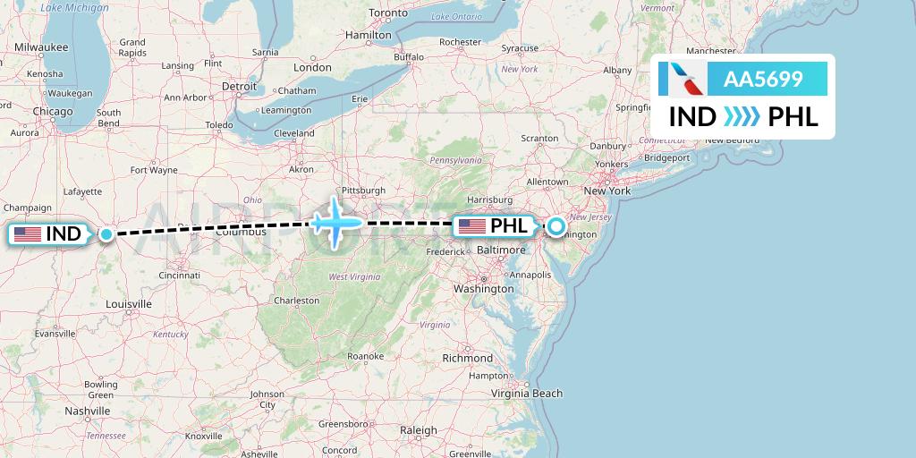 AA5699 American Airlines Flight Map: Indianapolis to Philadelphia