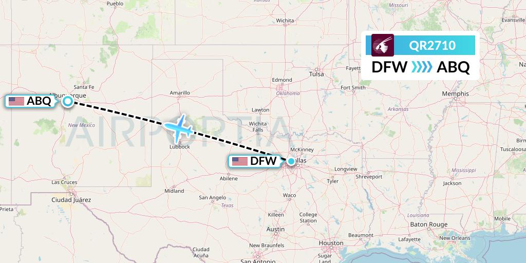 QR2710 Qatar Airways Flight Map: Dallas to Albuquerque
