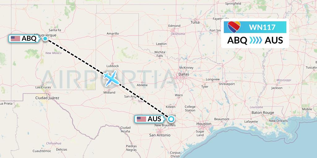 WN117 Southwest Airlines Flight Map: Albuquerque to Austin