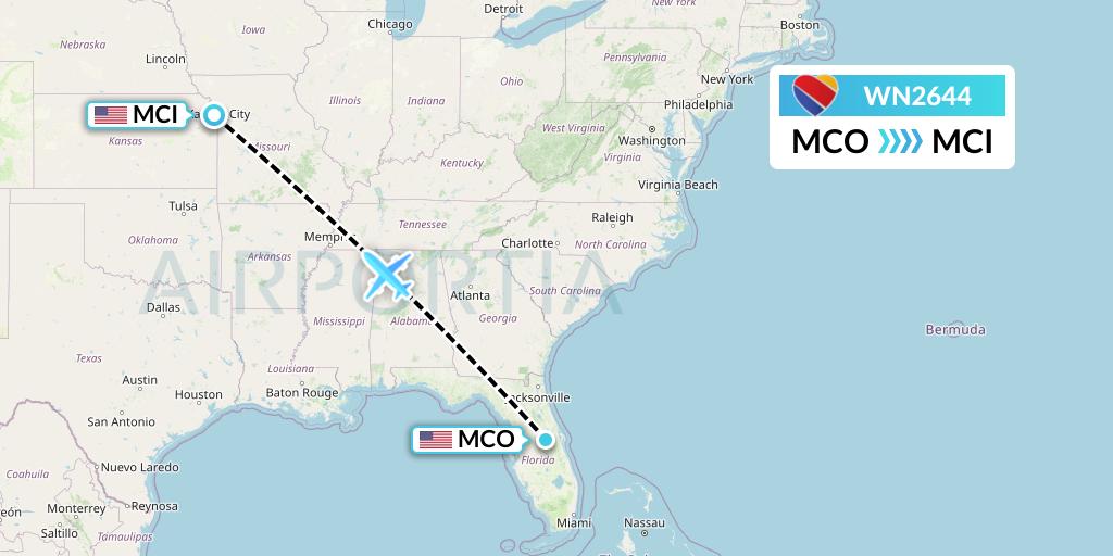 WN2644 Southwest Airlines Flight Map: Orlando to Kansas City