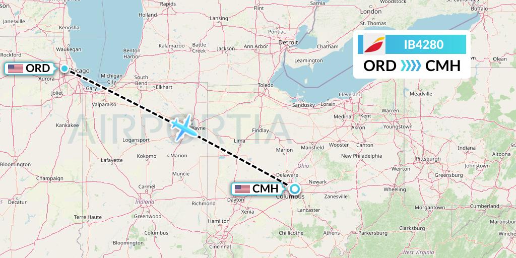 IB4280 Iberia Flight Map: Chicago to Columbus