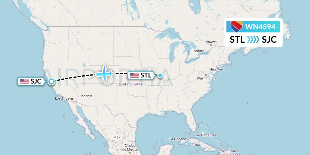 WN4594 Southwest Airlines Flight Map: St. Louis to San Jose