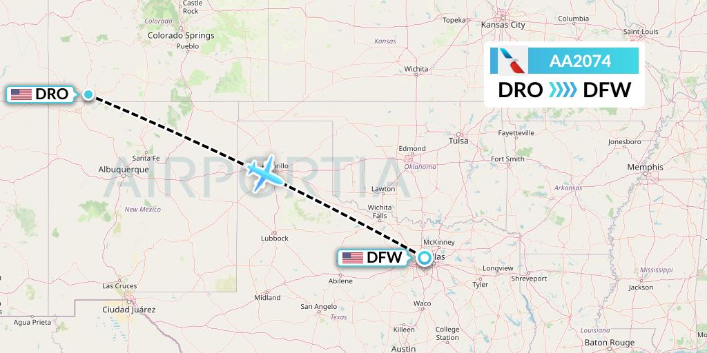 AA2074 American Airlines Flight Map: Durango to Dallas
