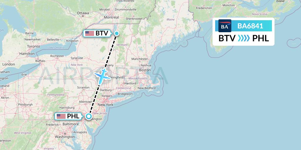 BA6841 British Airways Flight Map: Burlington to Philadelphia