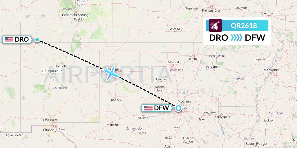 QR2618 Qatar Airways Flight Map: Durango to Dallas