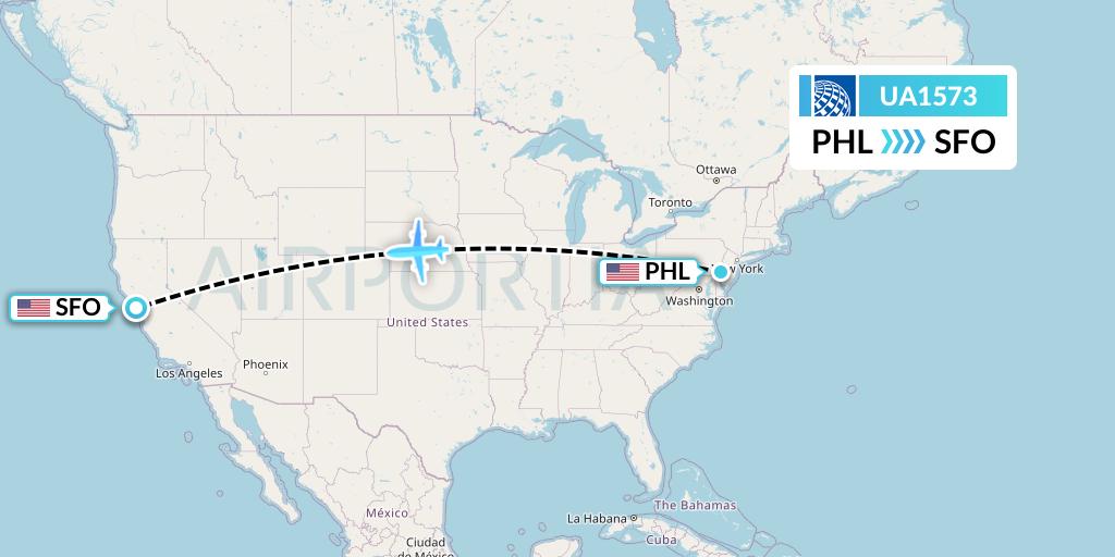 UA1573 United Airlines Flight Map: Philadelphia to San Francisco