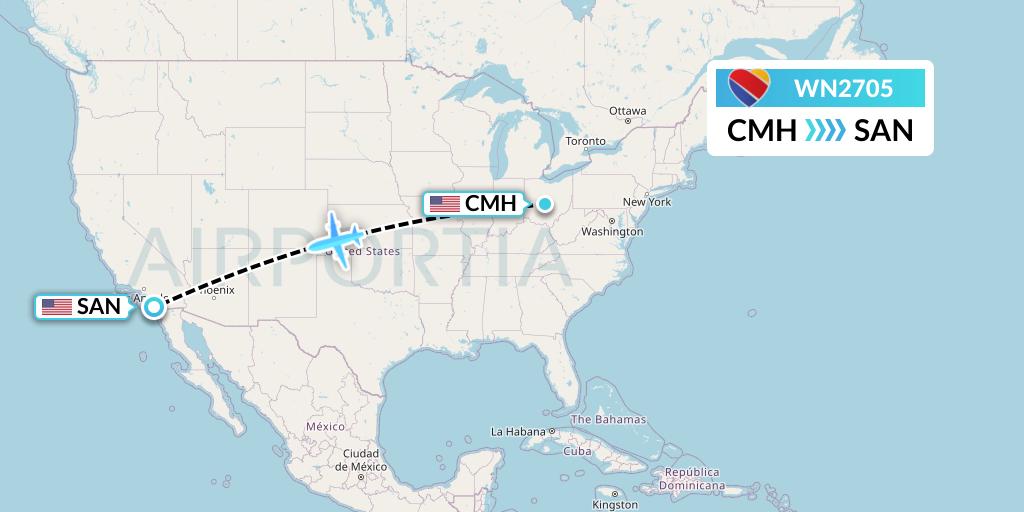 WN2705 Southwest Airlines Flight Map: Columbus to San Diego