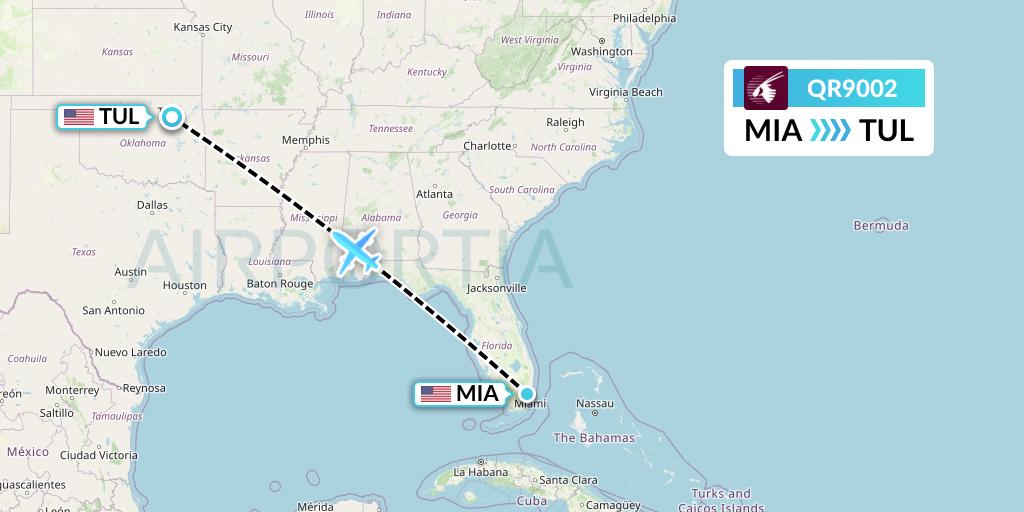 QR9002 Qatar Airways Flight Map: Miami to Tulsa