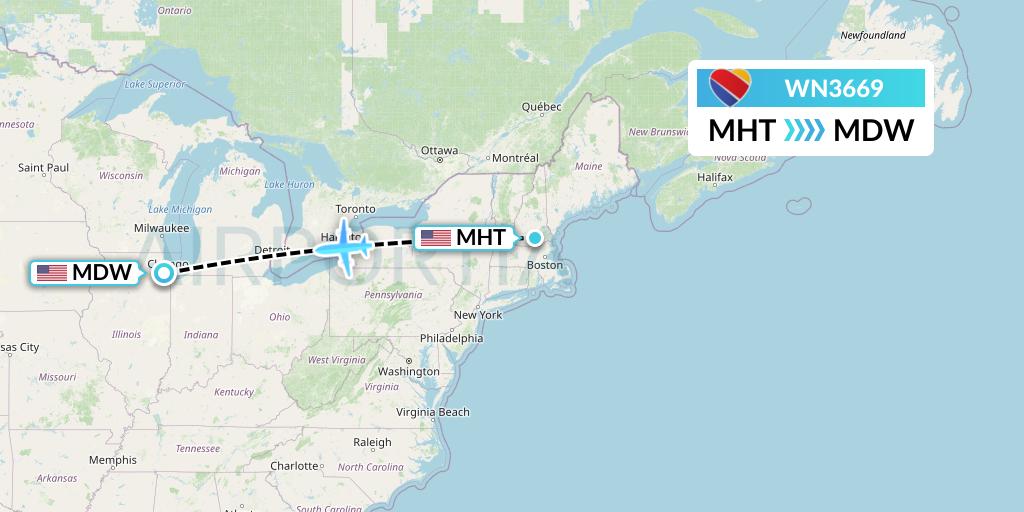 WN3669 Southwest Airlines Flight Map: Manchester to Chicago