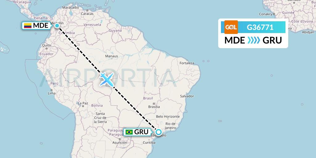 G36771 GOL Transportes Aeros Flight Map: Medellin to Sao Paulo