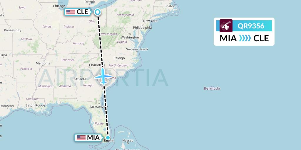 QR9356 Qatar Airways Flight Map: Miami to Cleveland