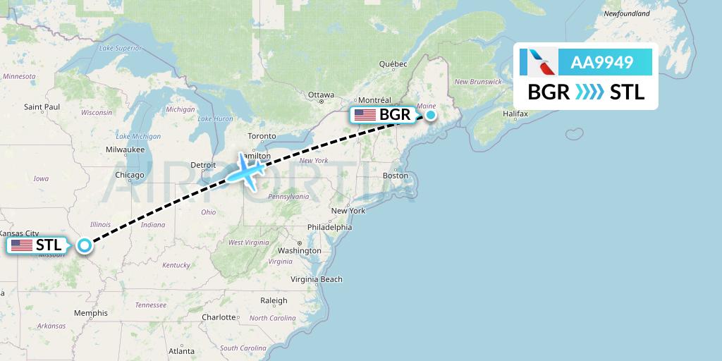 AA9949 American Airlines Flight Map: Bangor to St. Louis