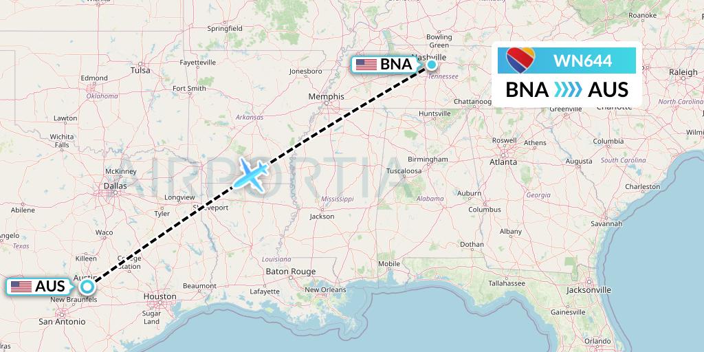 WN644 Southwest Airlines Flight Map: Nashville to Austin
