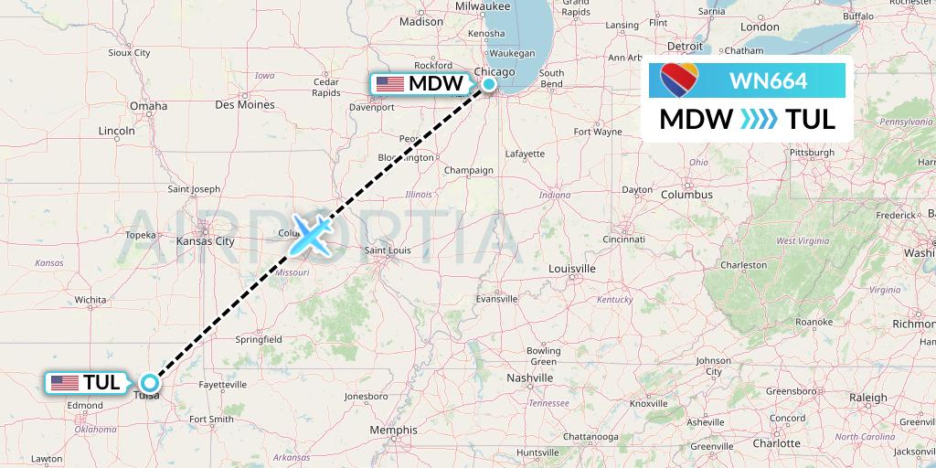 WN664 Southwest Airlines Flight Map: Chicago to Tulsa