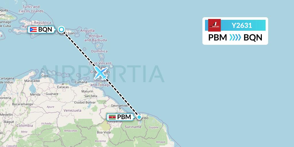 Y2631 Air Century Flight Map: Paramaribo to Aguadilla