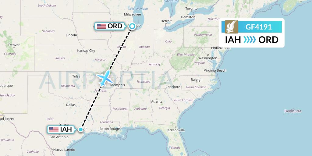 GF4191 Gulf Air Flight Map: Houston to Chicago