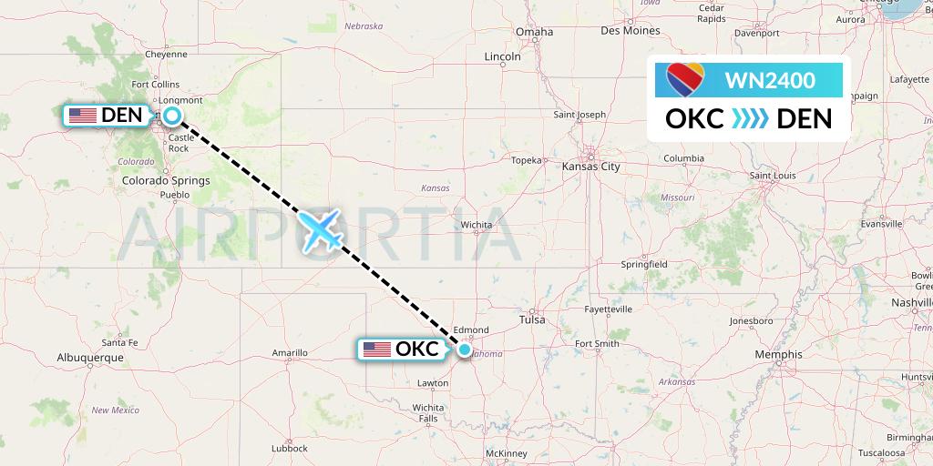 WN2400 Southwest Airlines Flight Map: Oklahoma City to Denver