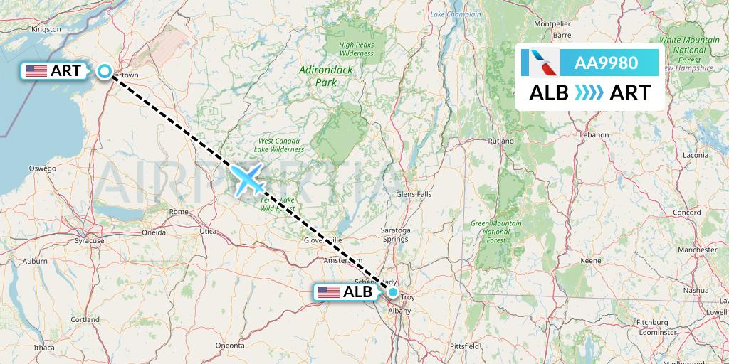 AA9980 American Airlines Flight Map: Albany to Watertown