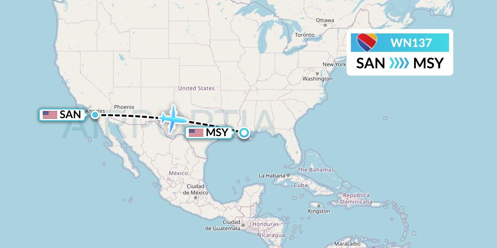 WN137 Southwest Airlines Flight Map: San Diego to New Orleans