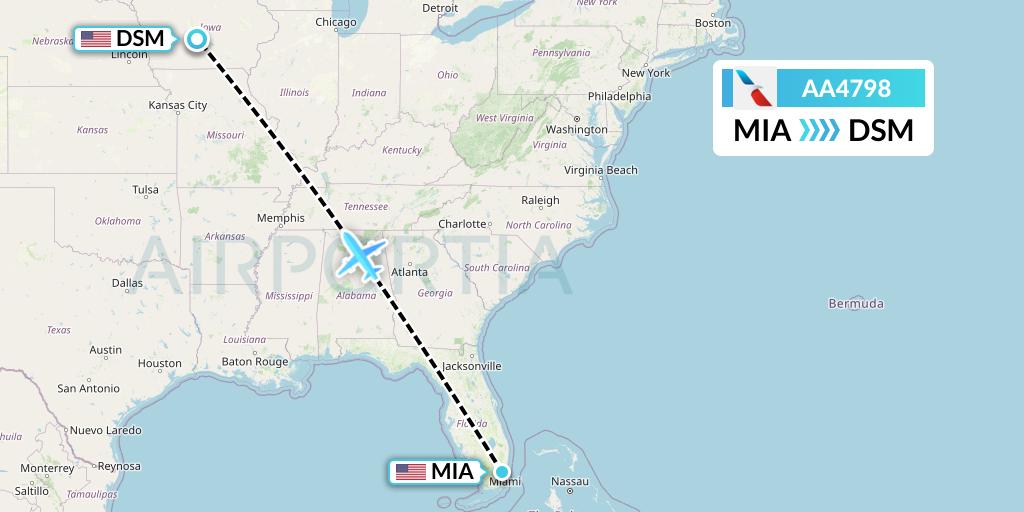 AA4798 American Airlines Flight Map: Miami to Des Moines