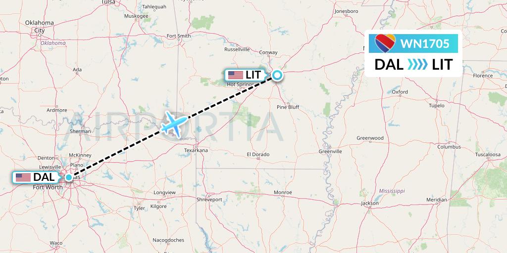 WN1705 Southwest Airlines Flight Map: Dallas to Little Rock