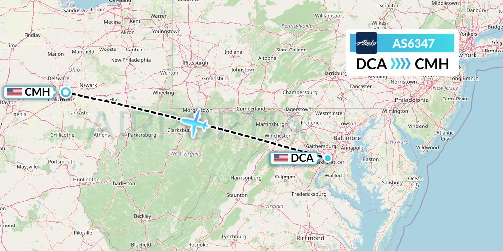 AS6347 Alaska Airlines Flight Map: Washington to Columbus