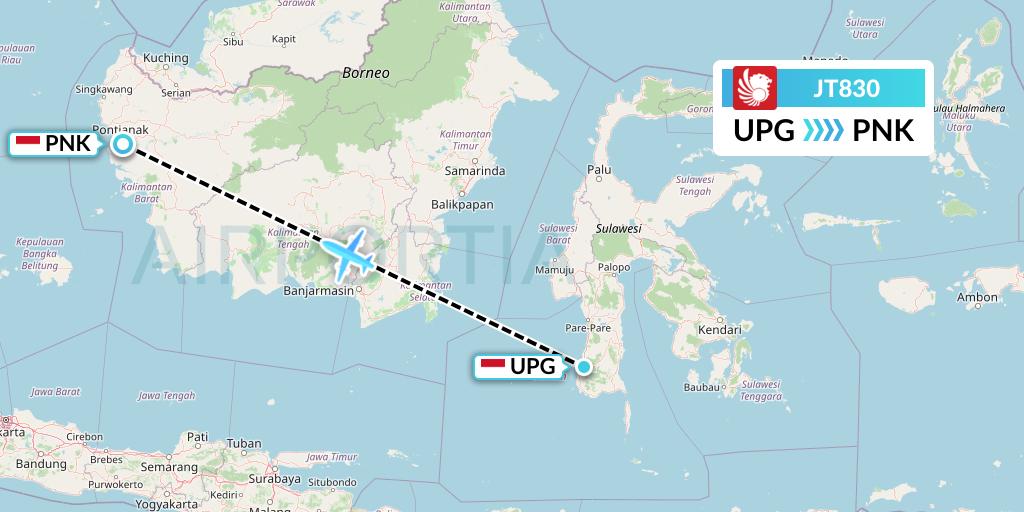 JT830 Lion Airlines Flight Map: Makassar to Pontianak