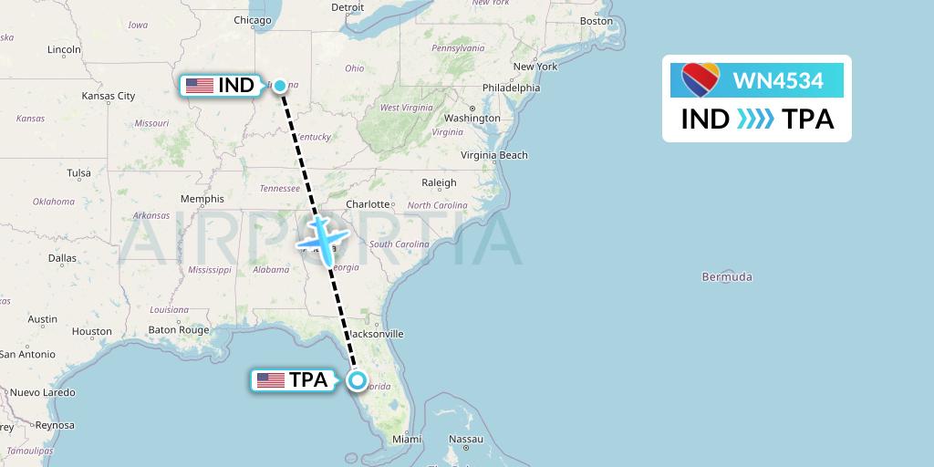 WN4534 Southwest Airlines Flight Map: Indianapolis to Tampa
