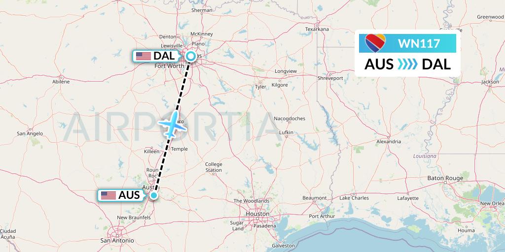 WN117 Southwest Airlines Flight Map: Austin to Dallas