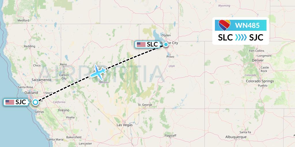 WN485 Southwest Airlines Flight Map: Salt Lake City to San Jose