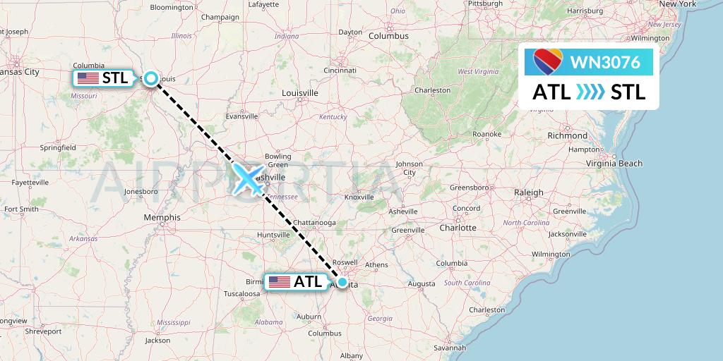 WN3076 Southwest Airlines Flight Map: Atlanta to St. Louis