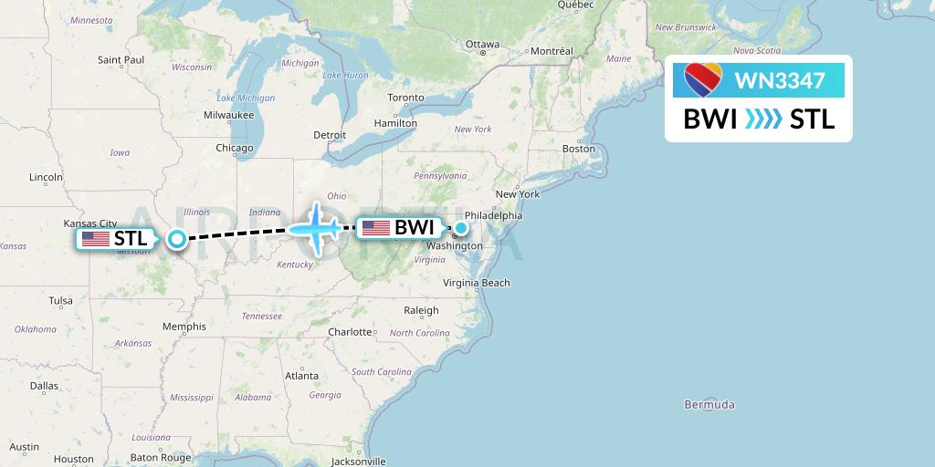 WN3347 Southwest Airlines Flight Map: Baltimore to St. Louis