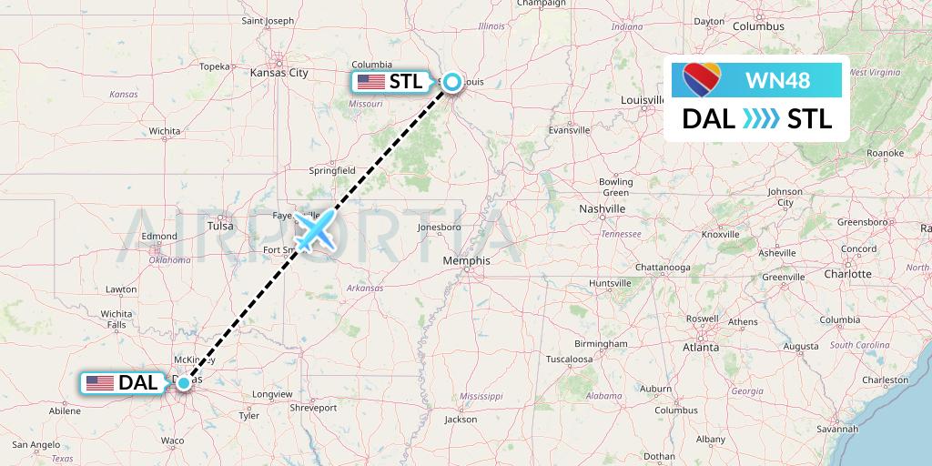 WN48 Southwest Airlines Flight Map: Dallas to St. Louis