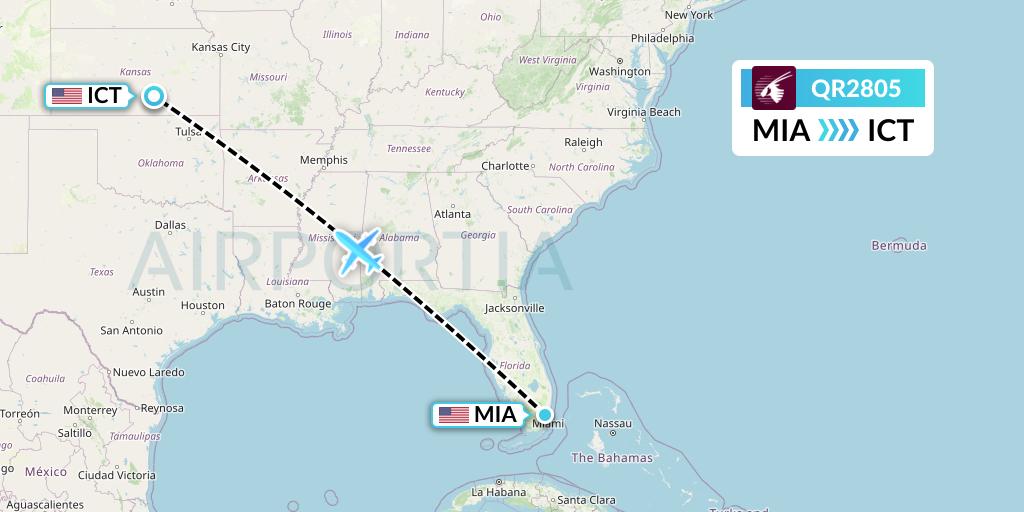 QR2805 Qatar Airways Flight Map: Miami to Wichita