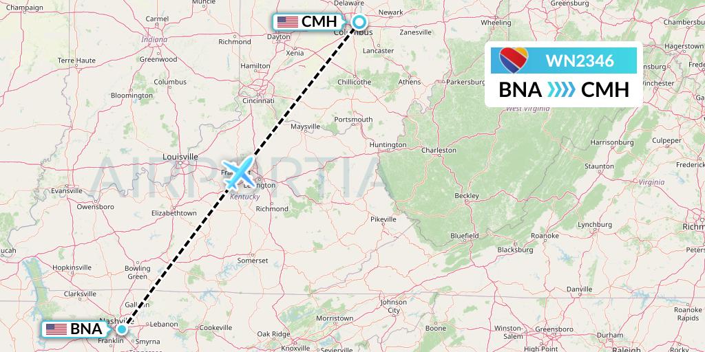WN2346 Southwest Airlines Flight Map: Nashville to Columbus