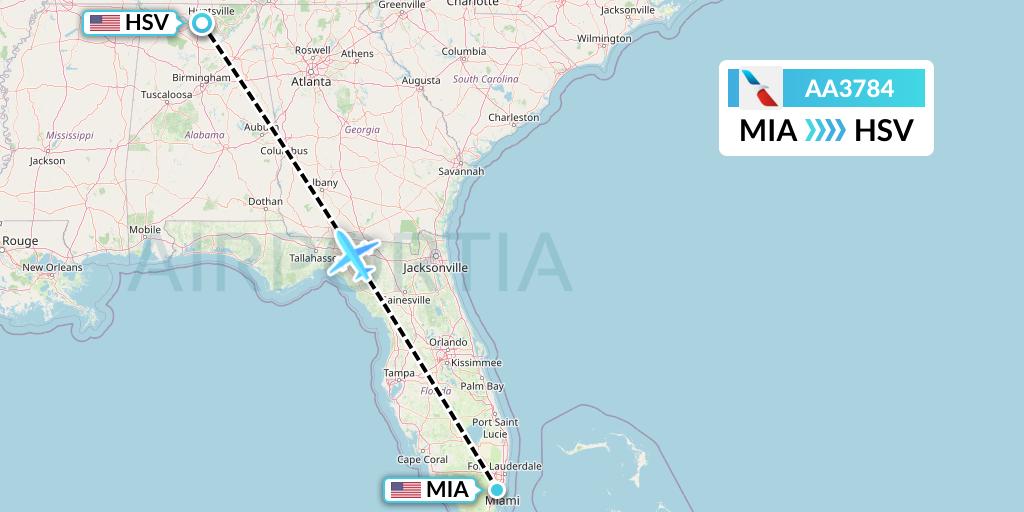 AA3784 American Airlines Flight Map: Miami to Huntsville