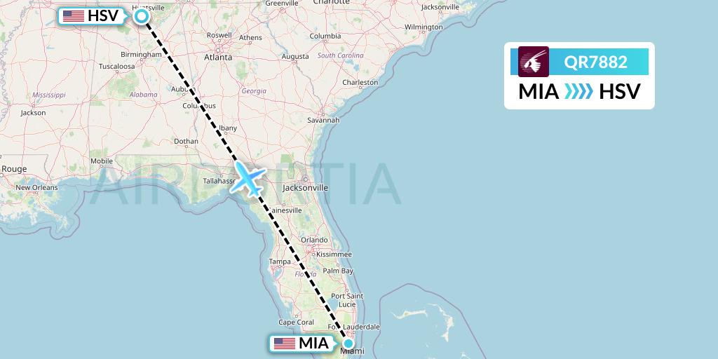 QR7882 Qatar Airways Flight Map: Miami to Huntsville