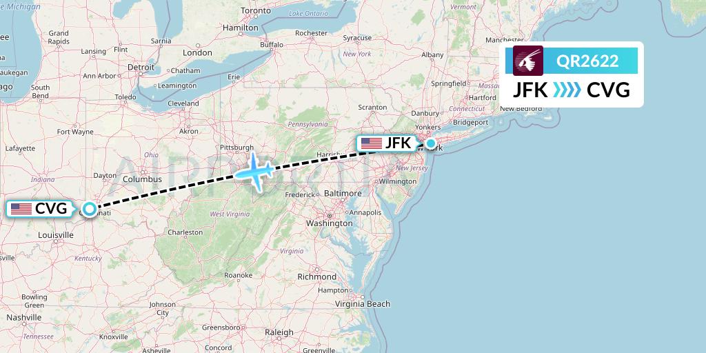 QR2622 Qatar Airways Flight Map: New York to Cincinnati